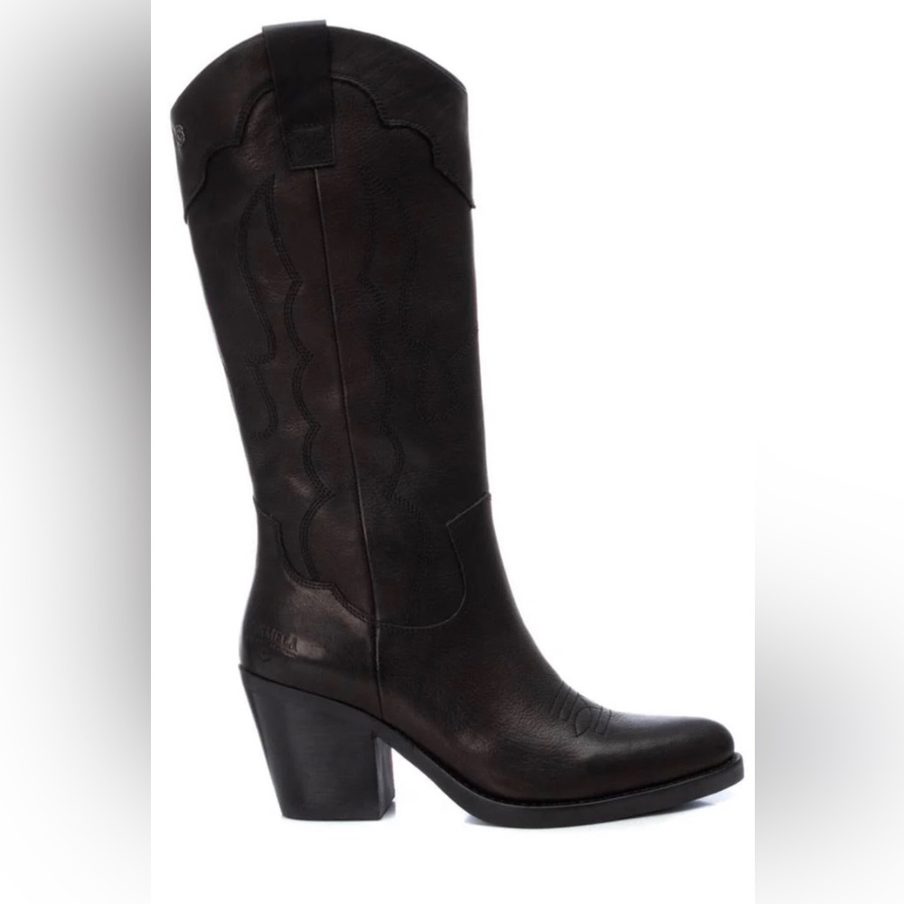 Carmela Black Leather Mid-Calf Western Boots,Size-37(US)-7